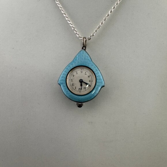 Stunning1920's Swiss Made 925 Silver Guilloche Powder Blue Watch Maracsite Motif - Picture 4 of 10